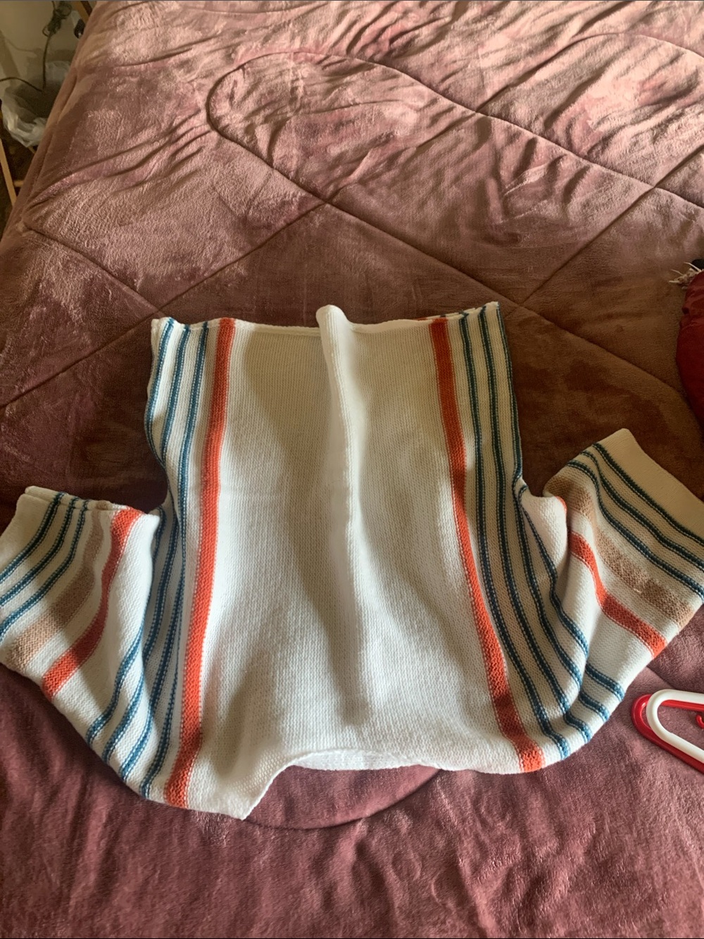 Amaryllis White Knit Sweater with Blue and Orange Stripes